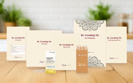 Contents of the Re-Creating Me, Programme Materials: Re-Creating Me Guide, Re-Creating Me Programme Book, Re-Creating Me Workbook, Re-Creating Me Journal, Re-Creating Me In Progress, pack of LighterLife colouring pencils, pack of Ketostix.
